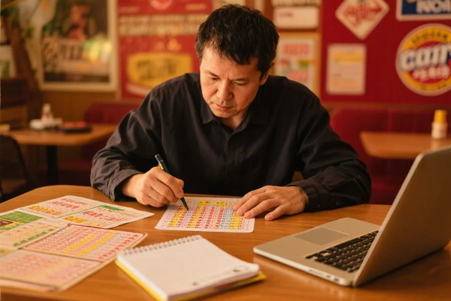 一位理性彩民正在桌前分析彩票数据，手边有笔记本电脑和记录本，气氛专注